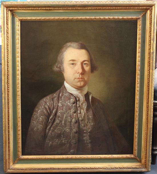 18th century English School Portrait of a gentleman wearing an embroidered silk jacket, 30 x 25in.